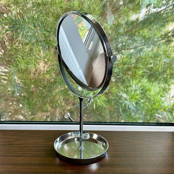 Vintage Chrome Vanity Mirror with Rhinestone Accents and Jewelry Tray – 11” - Picture 5 of 14